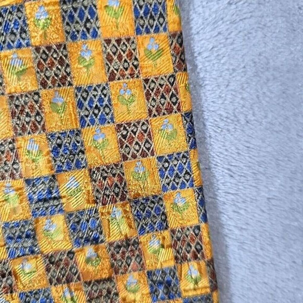 Ermenegildo Zegna Neck Tie Mens Yellow Floral Check 100% Silk Made in Italy